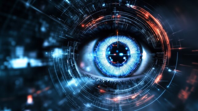 Futuristic cybersecurity concept with cybernetic eye monitoring network vulnerabilities in a digital space
