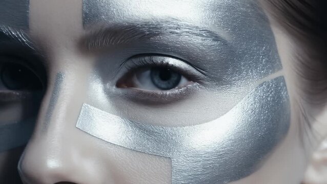 Striking Woman With Futuristic Silver Makeup and Water Droplets in Slow Motion