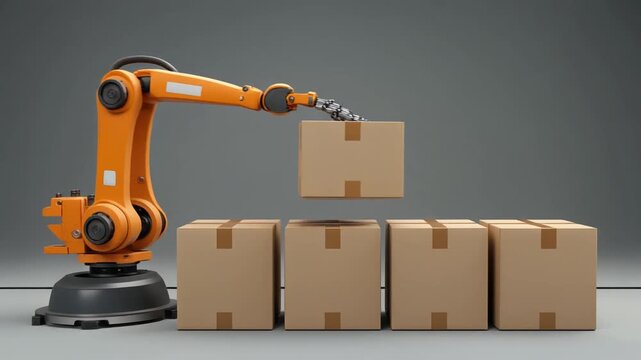 Robot arm places boxes in neat row with precision in warehouse setting during daylight hours