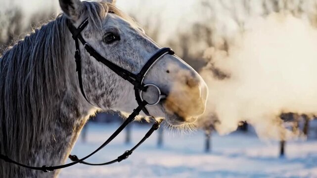 Majestic gray horse wearing bridle in snowy winter landscape
