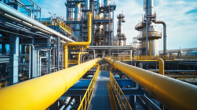 Pipes and equipment at a petrochemical processing plant with a focus on heat chemical manufacturing and gas transport
