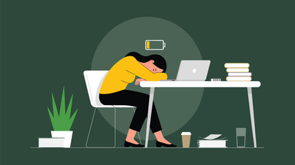 exhausted businesswoman sleeping at desk flat vector illustration representing burnout overtime stress deadline pressure and office fatigue © muhammad