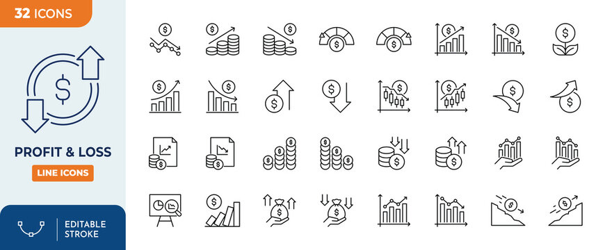 profit and loss icon set. Contain icons related to increase, decrease, graph, profit and loss statement, and more. Editable stroke. Vector Illustration
