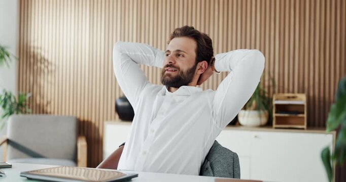 Happy, employee and man in office, stretching and thinking after complete financial project or done. Corporate, accountant and person on break, rest and productivity for assignment and reflection