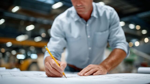 Close-up of residential floor plans on a worktable, blueprint lines crisp and detailed, hands holding a pencil over measurements, renovation and construction in progress, industria