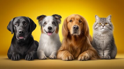 Fototapeta premium Group of dogs and cat sitting together on yellow background, cute domestic pets portrait and animal friendship concept