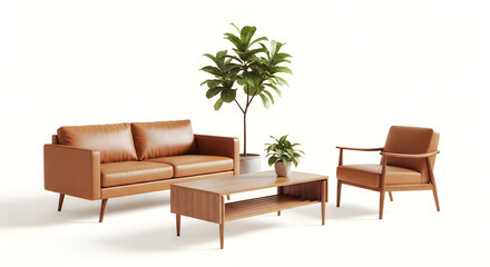 Vintage living room set with wooden furniture and indoor plant isolated on transparent background, isolated on white background, illustration