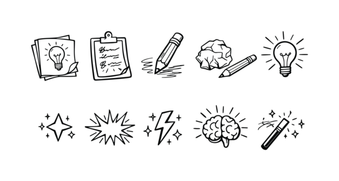 Creativity and inspiration outline icon set. Brainstorming, ideas, lightbulb icons collection