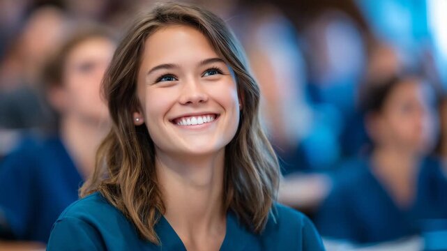 Diverse group of nursing students attentively watching presentation in classroom, teal scrubs vivid against soft background, enthusiasm and engagement clearly visible