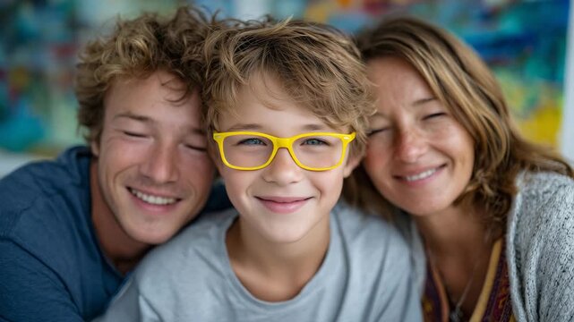 Smiling young boy wearing vivid yellow glasses, sitting with family in a casual embrace, multicolored painted backdrop with dynamic brushstroke textures, natural light highlighting