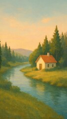Obraz premium Serene riverside cottage landscape mobile wallpaper
