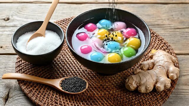 Bua Loi Thai Dessert with Colorful Rice Balls, Coconut Milk, and Ginger