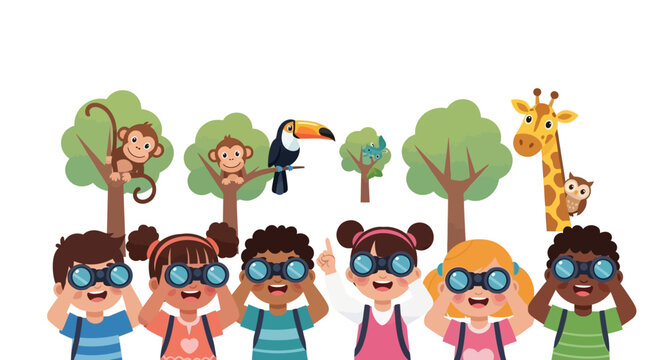Playful illustration of children wearing binoculars standing in front of a colorful group of wildlife and trees on World Wildlife Day for conservation education.