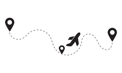 Airplane Route Icon with Dotted Path. Black airplane silhouette flying along dotted route between location pins, symbolizing travel, navigation, tourism, and global transportation concepts.

