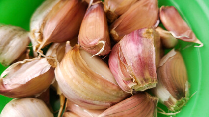 Garlic on green background.
