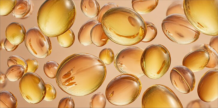 Abstract golden background of cosmetic essence or skin cells. 3D rendering of serum or oil capsules with collagen and vitamin ingredients. Moisturizing liquid gel texture macro view