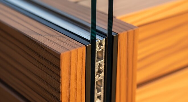 Close-up of wooden window frame with black metal hardware