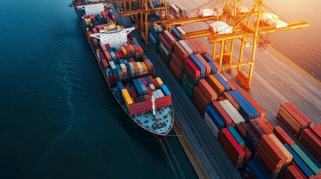 Growth of transportation and logistics network with cargo ships and trucks at a busy port during daylight hours
