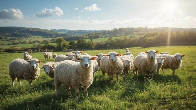 Flock of white sheep grazing on a green meadow under a bright sunny sky - farming concept