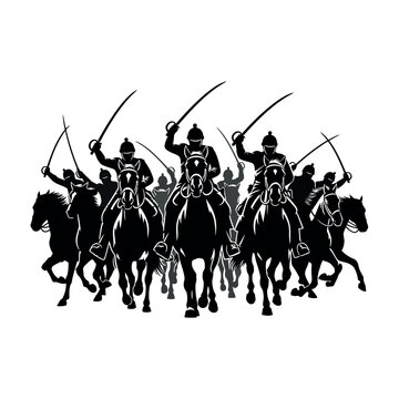 Silhouettes of ancient cavalry warriors on horseback with swords.