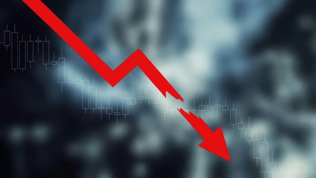 Red arrow pointing downward on financial candlestick chart. Business recession data visualization or falling stock market trend. Investment risk.