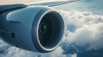 Close view of airplane turbine engine with spinning blades during flight over clouds