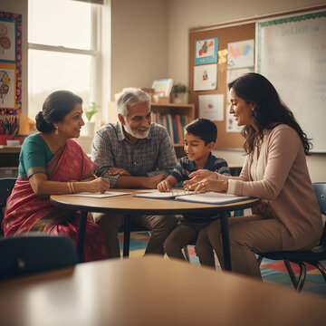 Parent teacher conference with a young student and his family