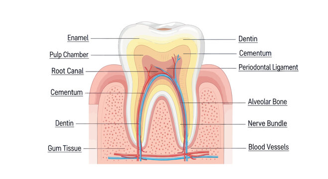 Detailed Anatomy of a Human Tooth with Labeled Structures.