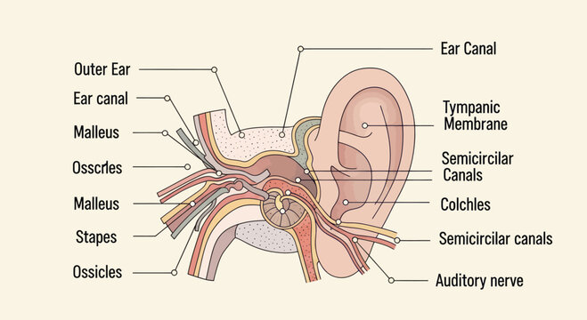 Detailed Diagram of Human Ear Anatomy with Labels.