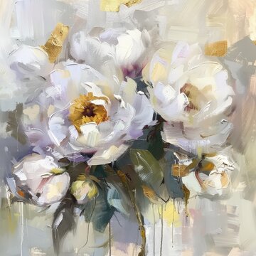 White flowers with gold accents arranged in a simple style on a light background in an art setting, wall art poster in style of painting