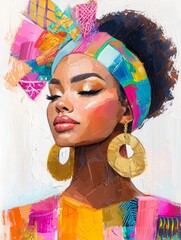 Woman with colorful head wrap and earrings enjoys vibrant artistry in a lively setting at an art event during daytime, wall art poster in style of painting