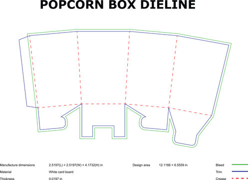 A technical diagram of a popcorn box die line with precise manufacturing dimensions
