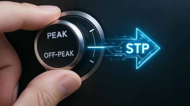 Hand turning dial to switch STP Straight Through Processing between Peak and Off-Peak modes, concept of automated scheduling