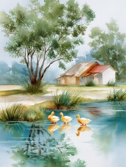 Ducks swim in a calm pond near a house surrounded by trees and grass on a sunny day in a rural area, wall art poster in style of painting