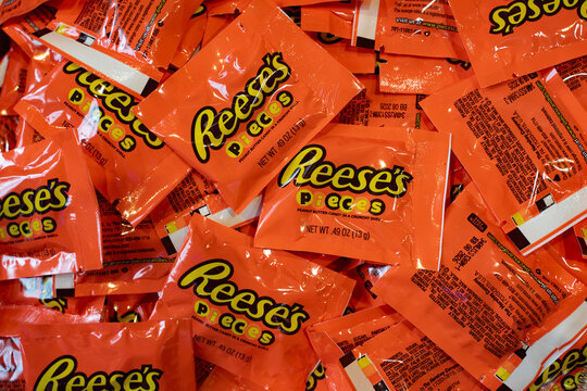 Hershey, Pennsylvania - January 28, 2026: Hershey's Reese's Pieces displayed at Hershey's Chocolate World retail store and tourist attraction in Hershey, Pennsylvania 