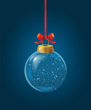 Vector illustration of hanging glass christmas ornament with snowflakes inside, red bow, on transparent background.
