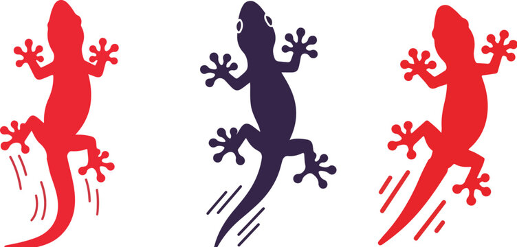 Three stylized gecko vector illustrations in red and dark purple, depicted in a flat graphic style with motion lines, isolated on a transparent background.