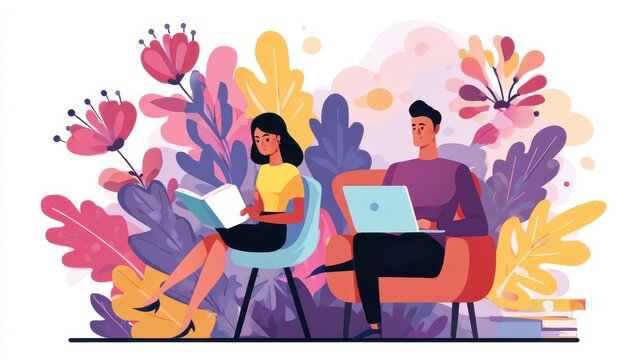 social media online content, freelance worker, working online, content creator, woman using laptop, man reading blog online on computer