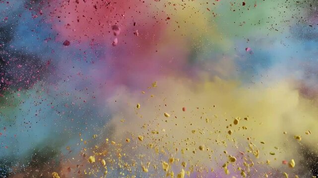 Vibrant holi rainbow color powder explosion cinematic abstract motion symbolizing dola purnima celebration with luminous particles festive energy modern creative background
