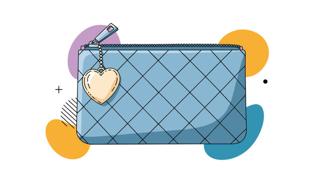 Blue quilted cosmetic bag or pouch with a metal zipper and a small gold heart-shaped charm against an abstract background.
