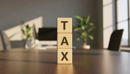Wooden Blocks Spelling Tax on Office Desk. Concept for corporate taxation and business finance.