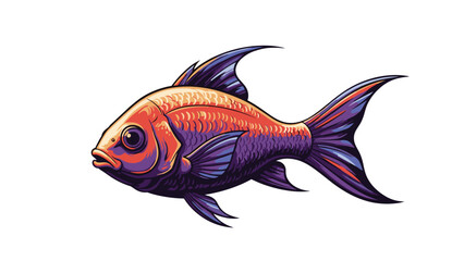 Fototapeta premium Beautiful tropical fish with colorful scales in vibrant shades of orange, red, and purple swimming gracefully towards the left on white.