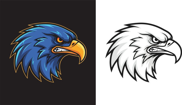 Fierce blue eagle head mascot illustration with an angry expression, presented alongside a black and white outline version for graphic design.