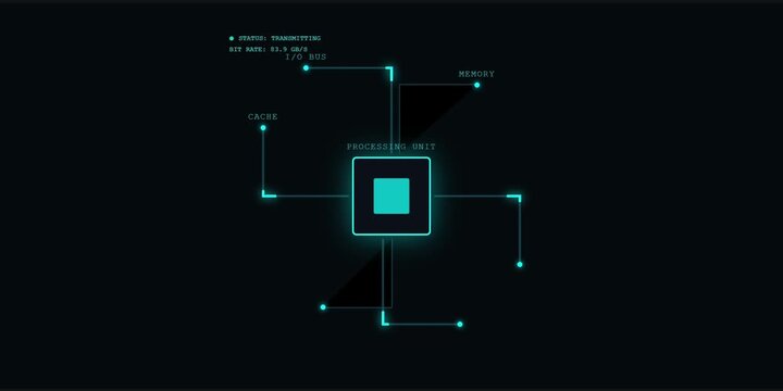 A futuristic animation of a central square connected to various nodes and lines