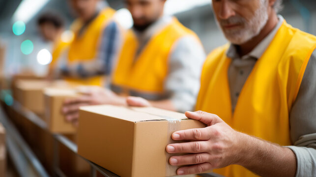 Faceless wholesale workers making revision of goods in warehouse, inventory checking operations, stock verification procedures, quality control inspection, defocused employees, wit