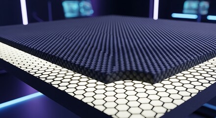 Hexagonal pattern texture surface with layered materials and futuristic lighting