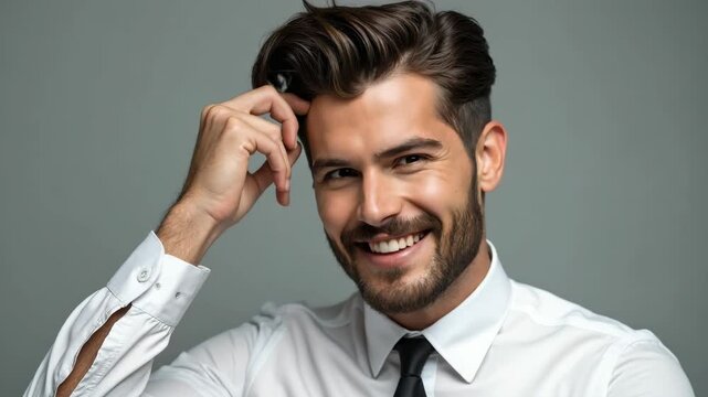 Closeup shot of macho business man touch groomed neat hairdo salon beaming smiling look mirror love himself wear white office shirt tie isolated grey color background fashion editorial phot.