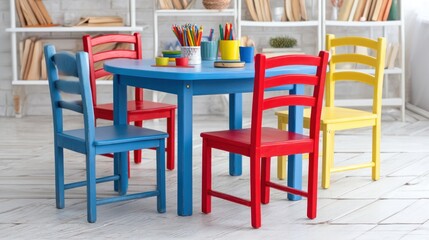 Colorful table and chairs in childrens playroom setting with copy space