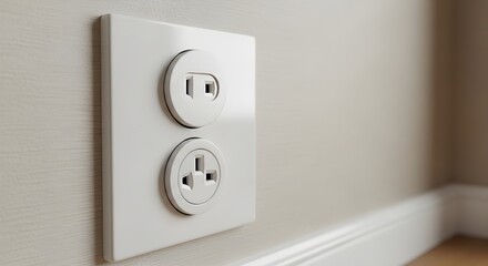 White electrical socket on a neutral wall with a thin skirting board