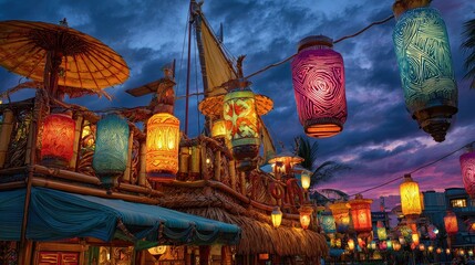 Fototapeta premium Exotic seascape celebration vibrant colors and decorative lanterns capturing cultural unity and commercialization of travel close up carnival theme vibrant Composite tiki bar backdrop. 